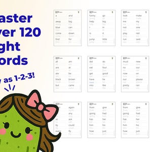 May include: Educational poster with the text "Master over 120 sight words" and "Easy as 1-2-3!" featuring a cartoon pickle character with a pink bow. The poster displays sight words on small cards.