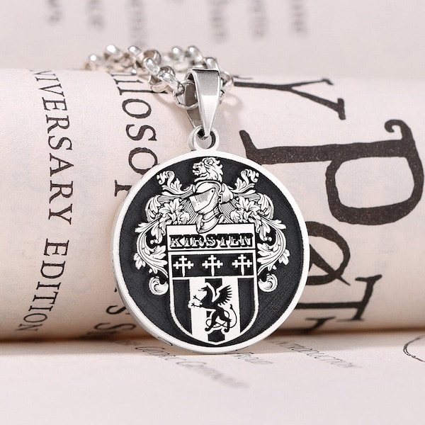 Coat of Arms Necklace, Custom Family Crest, Personalized Engraved Signet Necklace, Family Crest Monogram Signet Necklace