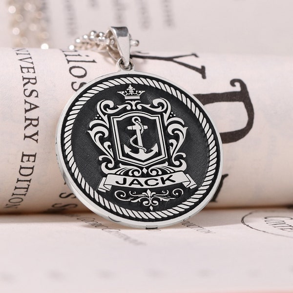 Necklace with Custom Family Crest, Engraved Signet Style, Coat of Arms Monogram Jewelry for Family Heritage Gift