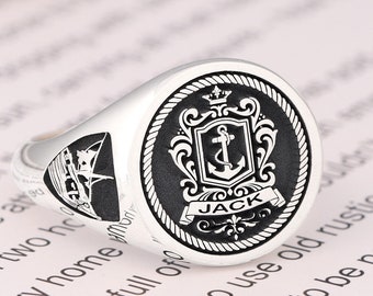 Personalized Anchor Ring for Men, Silver Coat of Arms Engraving, round quality ring,  Anniversary or Christmas Gift, graduation jewelry