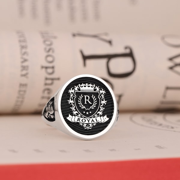 Custom Engraved Signet Ring, Sterling Silver with Family Crest, Unique Wedding Party Gift