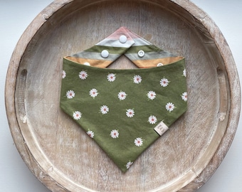 Green Daisy and Retro Rainbow Dog Bandana - Personalized - Reversible - Snap on Bandana