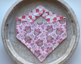 Disco Valentines Cowboy and Pink Checkerboard - Valentine's Day Dog Bandana - Personalized - Reversible - Snap on Bandana