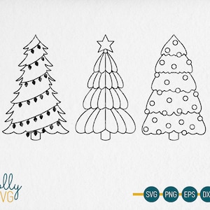 May include: Three black and white Christmas tree illustrations. The first tree has lights, the second has a star, and the third has ornaments. The image includes the text "Golly SVG" and file type icons.