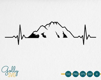Puede incluir: Silueta negra de una cordillera integrada en un diseño de línea de latido cardíaco. El diseño incluye el texto "Golly SVG" en una fuente de escritura color turquesa, junto con iconos de tipo de archivo para SVG, PNG, EPS, DXF y AI.
