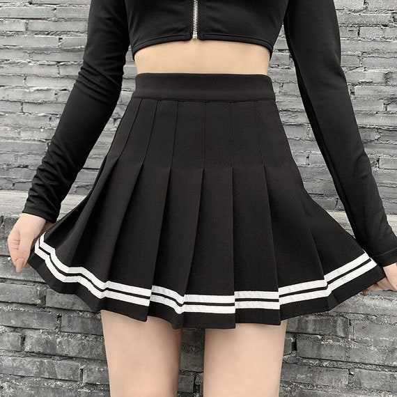 Punk Schoolgirl - Vintage Korean Style Patchwork Skirt Black Pleated Skirts - Etsy Hong Kong