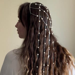 Tassel Rhinestone Pearl Headband – Echoes of the Depths – Silver Head Chain Pearl, Bridal Wedding Headpiece veil crown Bohemian Jewelry