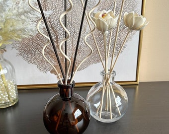 Reed diffuser large round bottle with flower sticks, delicious home scents, gift on mothers day, fancy scent home decor for bathroom bestie