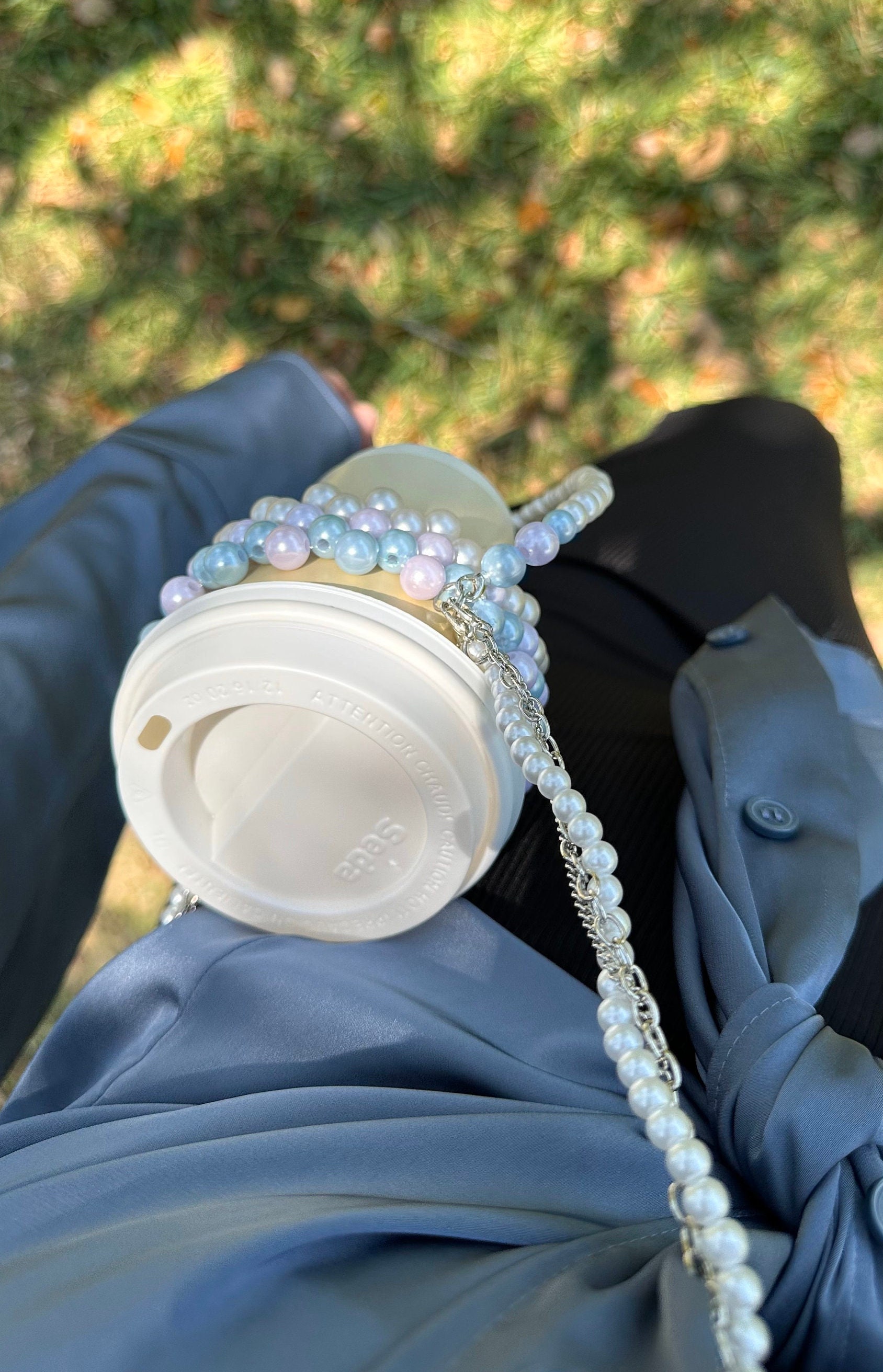 Pearl Beaded Tea Cup holder with short strap, bogg bag cup holder gift for coffee tea lover, mermaid core pink and blue pearl cupholder