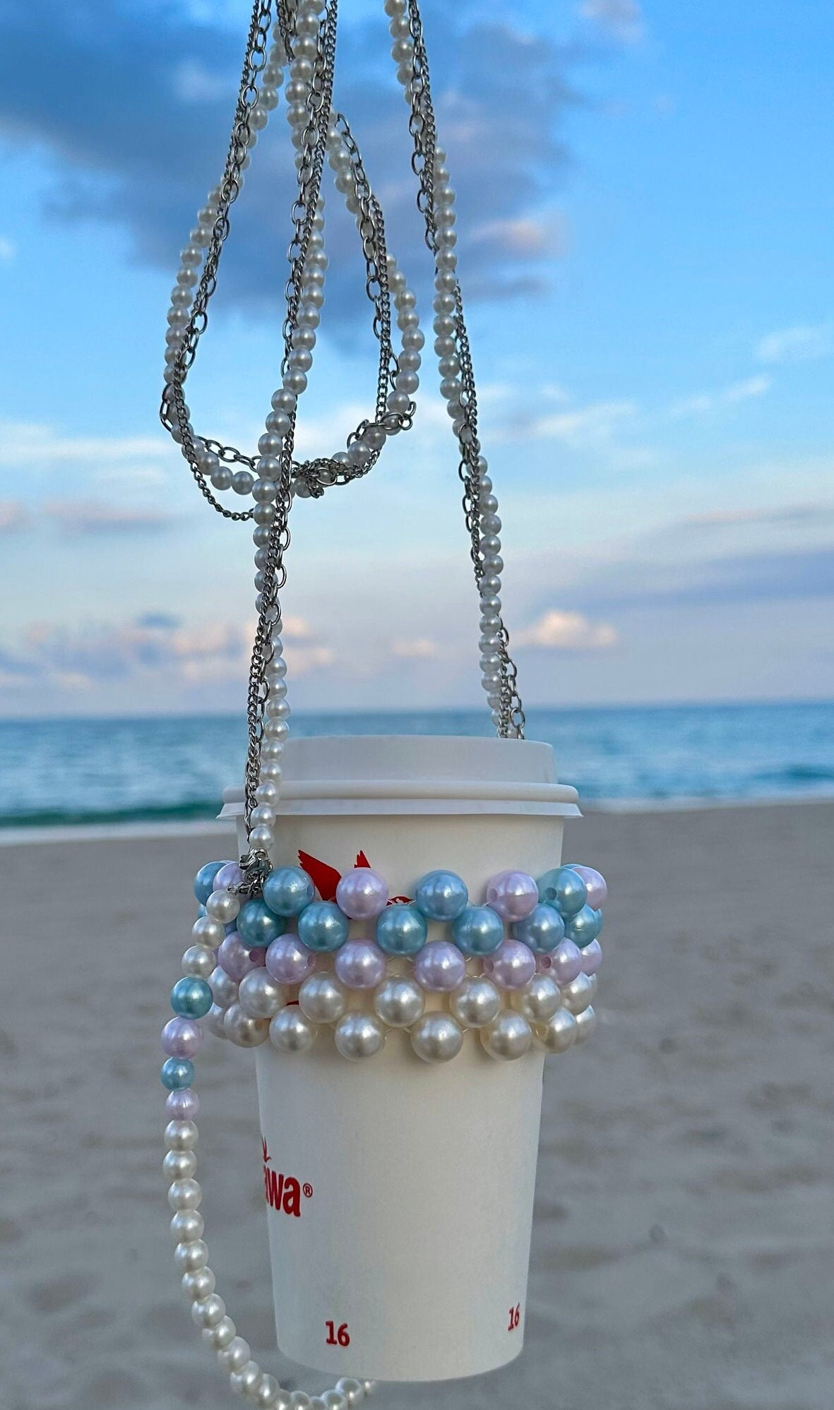 Pearl Beaded Tea Cup holder with short strap, bogg bag cup holder gift for coffee tea lover, mermaid core pink and blue pearl cupholder