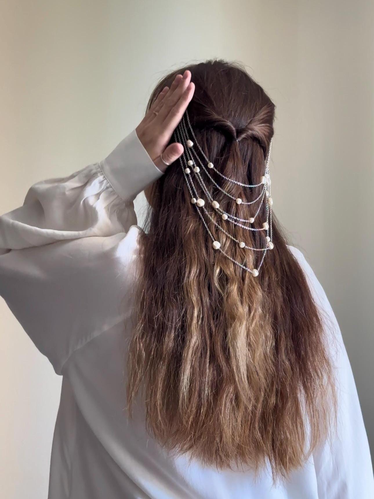 Bridal Hair Combs with Chains and Pearls – Echoes of the Depths – Double Hair Comb Set – Wedding Hair Jewelry – Pearl Hair Accessories