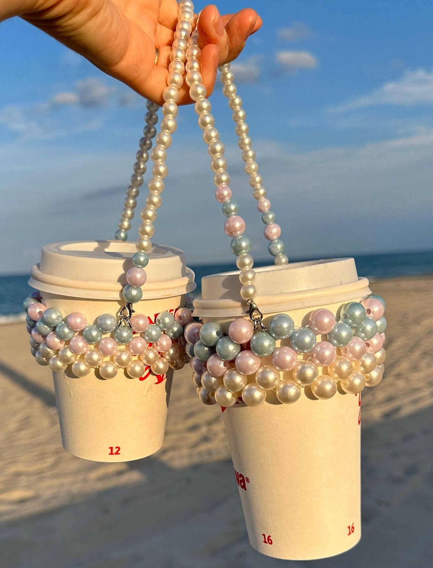Pearl Beaded Tea Cup holder with short strap, bogg bag cup holder gift for coffee tea lover, mermaid core pink and blue pearl cupholder