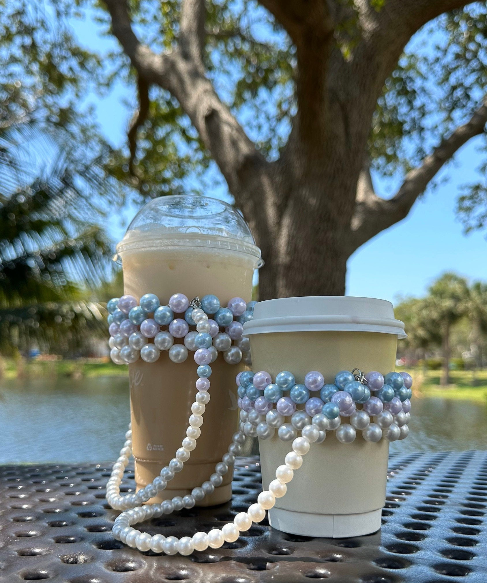 Pearl Beaded Tea Cup holder with short strap, bogg bag cup holder gift for coffee tea lover, mermaid core pink and blue pearl cupholder