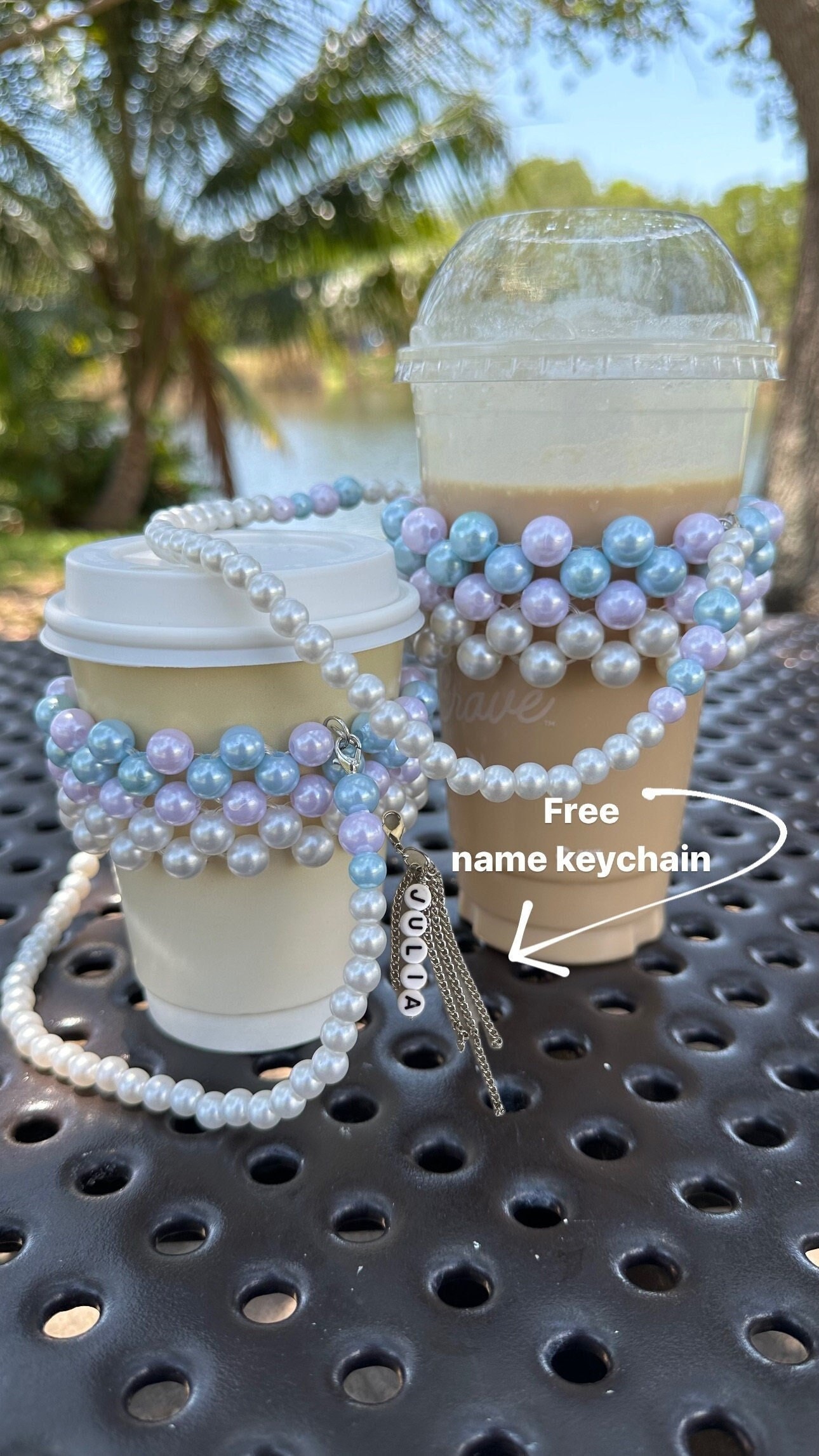 Pearl Beaded Tea Cup holder with short strap, bogg bag cup holder gift for coffee tea lover, mermaid core pink and blue pearl cupholder