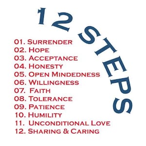 May include: A graphic with the text "12 STEPS" in a blue arc, with the numbers "12" above the arc. The steps are listed below the arc in red text: 01. Surrender, 02. Hope, 03. Acceptance, 04. Honesty, 05. Open Mindedness, 06. Willingness, 07. Faith, 08. Tolerance, 09. Patience, 10. Humility, 11. Unconditional Love, 12. Sharing & Caring.