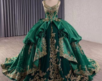 Cinderella Green Emerald Dress, CinderellaLiveAction, Disney Inspired Ball GownPink Corst Bodice Wedding Dress Fairytale Wedding Tulle Dress