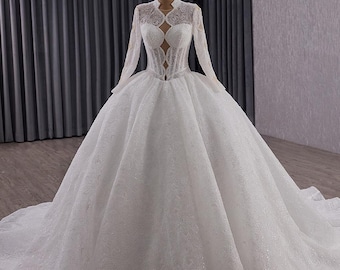 Lace Ball Gown Wedding Dress with Illusion Neckline & Long Sleeves
