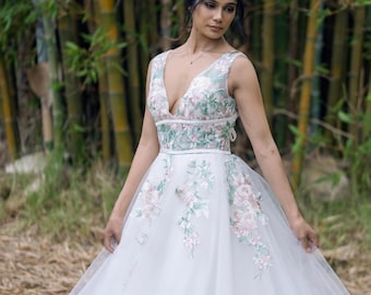 Forest Fairy Wedding Dress | Green Lace Cathedral Gown for Romantic Forest Weddings