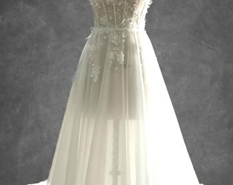 Wedding Dress Ivory, Handmade A-Line Gown with 3D Flowers