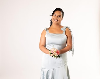 Bridesmaids Sage Satin Dress with Bow-Shoulder Detail Satin Midi Dress for Bridesmaids Custom-made Maid of Honour Gown for Wedding Guests