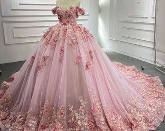 Custom-Made Dusty Pink Lace Wedding Dress, Fairytale Wedding Dress, Bridesmaid Dress, White Dress for Bridal, Handmade gown, Princess style