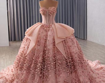Pink 3D Floral Lace Wedding Dress, Corset Bodice, Custom Made