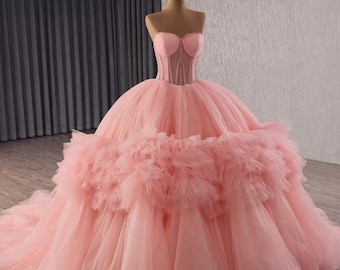 Pink Tulle Wedding Ball Gown, Corset, Fairytale Bridal Dress