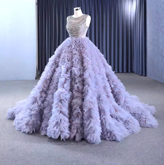 Lavender Rhinestone Tulle Wedding Gown, Tiered Ruffle Cinderella Dress