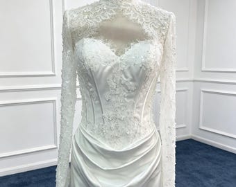 Custom Bridal Off White Cream Ivory French Chantilly Lace| Silk Draped Skirt Dress Gown | Corset Satin Long Sleeves Wedding Dress
