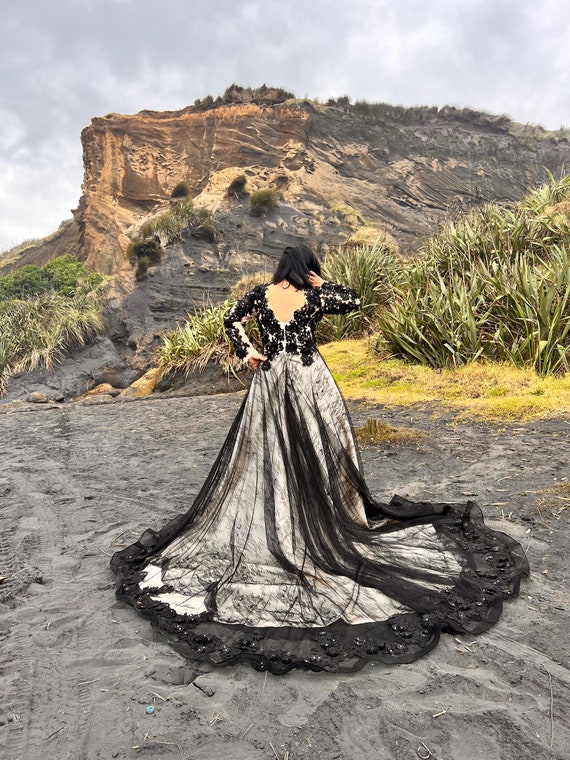 Black Wedding Dress, Gothic Black Floral Dress Train, A-line Lace Wedding  Dress, Gothic Wedding Dress, Champagne and Black Dress - Etsy Canada