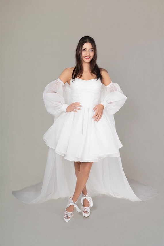 Mini Wedding Dress, Reception Dress, Puffy Sleeves, High-Low Hem, Corset style Mini Wedding Dress, Reception Dress, Puffy Sleeves, High-Low Hem, Corset style