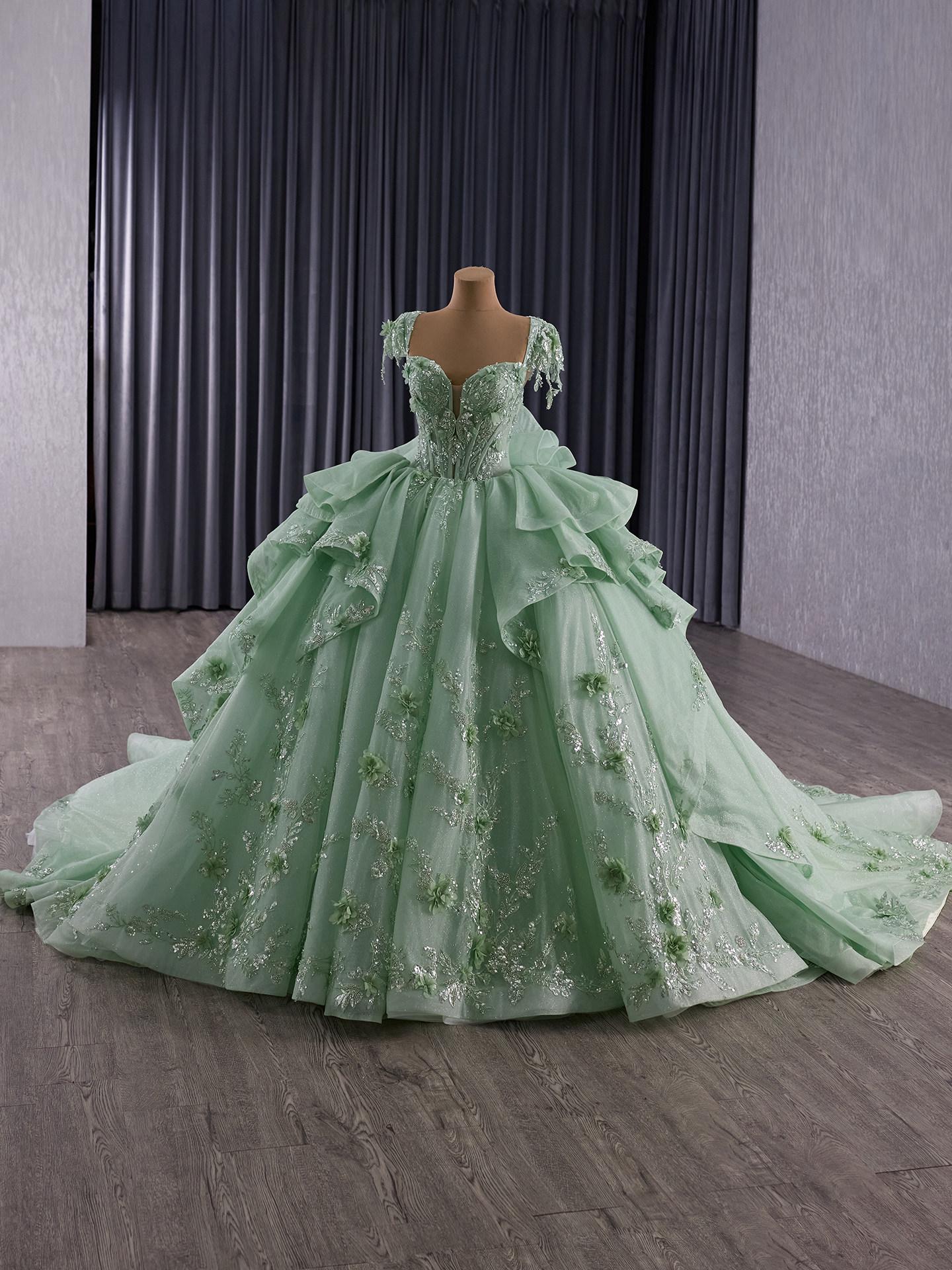 Handmade Couture Reception Dress Mint Green Floral Ball