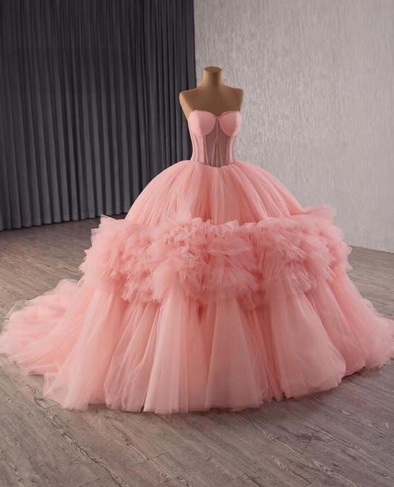 ball gown dress pink Layers Tulle Ball Gown Wedding Dress Drama Pink Wedding Dress AWD1919