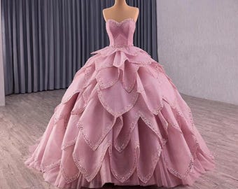 Blush Pink Quinceañera Dress, Sweetheart Ball Gown with Petal Skirt, Sparkly Beaded Detailing