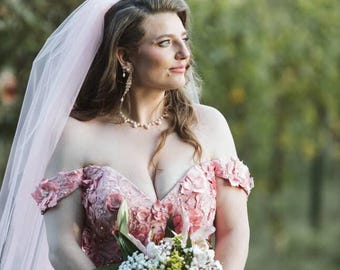 Pink Floral Wedding Dress with Off-the-Shoulder Sleeves