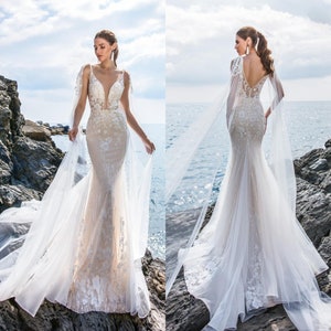 Deep V Neck Fishtail Wedding Dress, Bridesmaid Dress, White Floral Wedding Dress, Custom Wedding Dress, Long Womens Dress
