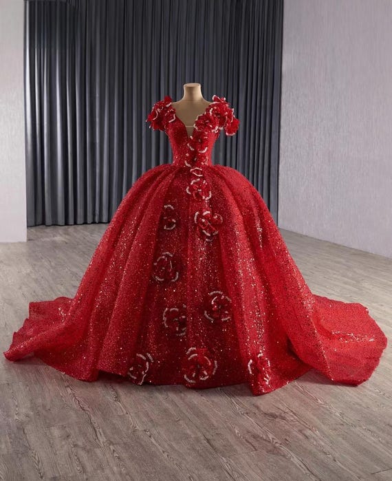 fitted lace wedding dress Red Sparkly Tulle Quinceanera Dresses Sequin Princess Dresses 21377 Red / US2 main image 0