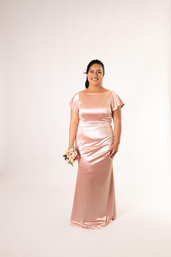 Modest Bridesmaid Dress: Short Sleeves, Draped Maxi Gown, Champagne Satin - Etsy New Zealand Modest Bridesmaid Dress: Short Sleeves, Draped Maxi Gown, Champagne Satin - Etsy New Zealand