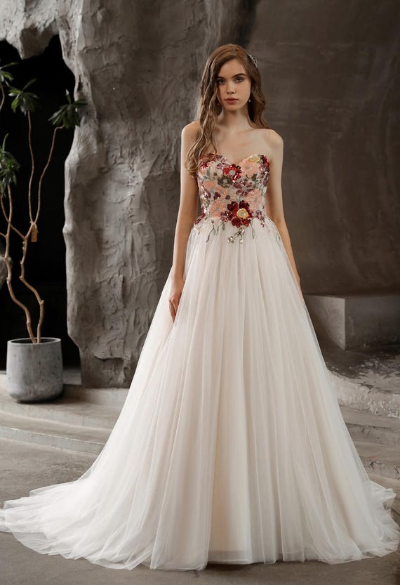 chinese dress ladies Luxurious Colored Wedding Dress Ball Gown with 3D Floral Lace –  loveangeldress