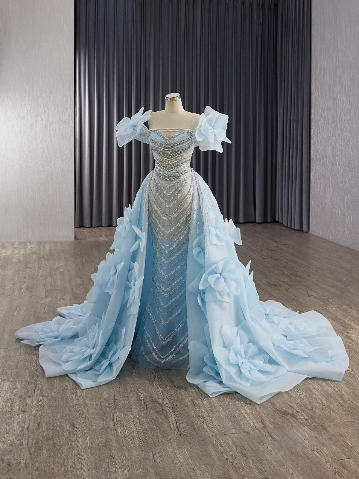 Ice Blue Princess Ball Gown Wedding Dress – Off-shoulder Floral Embroidery Bridal Gown
