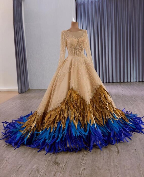Long Blue Dress With Gold Feathers At End Of Skirt Unique Wedding Dress,  Long Sleeve Bridal