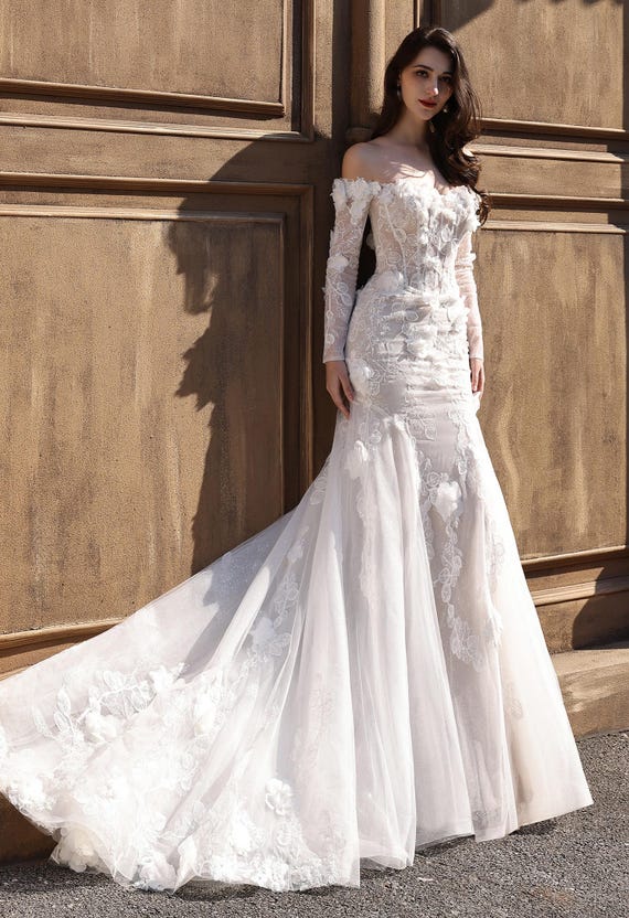 off shoulder fit and flare wedding dress Off-Shoulder Beaded Fit-and-Flare Wedding Gown – Lotus Threads Bridal main image 0