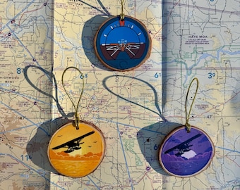 Aviation Ornaments-Hand Painted Seaplane, Attitude Indicator Designs on Wood Slices