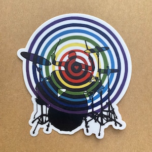 Musician Stickers-Drummer Sticker Silhouette Design With Rainbow Soundwaves Percussionist Gift
