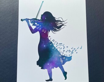 Galaxy Violinist Art Print: Cosmic Musician Silhouette (8x10 Giclee)