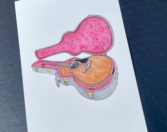May include: A brown acoustic guitar with a black pickguard in a gray and red guitar case. The case is open and the guitar is partially inside.