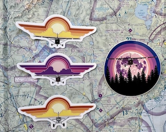 Cessna Aircraft Vinyl Stickers: Pilot Wings Sunset Aviation Art, Full Moon Night Flight Scene