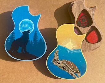 Hand Painted Guitar Pick Box: Wolf or Sea Turtle Scene