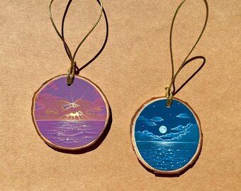 Ocean Ornament-Hand Painted Wood Slice Ornaments With Sunset and Full Moon Ocean Scenes