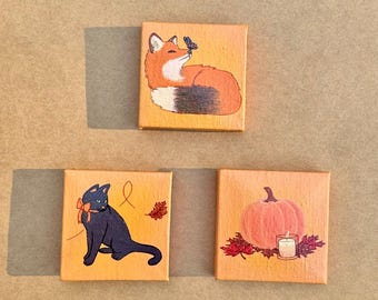 Mini Canvas Paintings-Fall Scenes-Black Cat, Red Fox, Pumpkin, 2 Inch Hand Painted Canvas